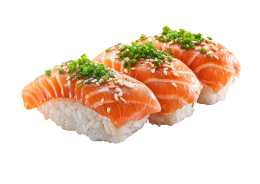 Three salmon nigiri sushi with sesame seeds and chives