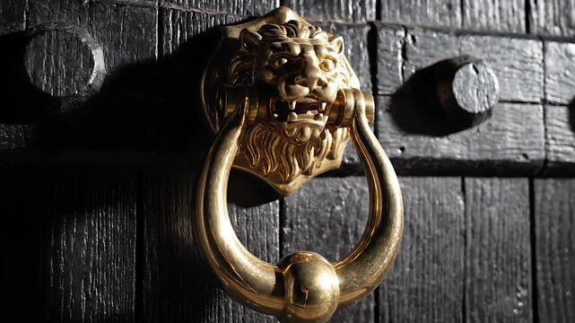 Dramatic Golden Lion Door Knocker on a Black Wooden Door in Darkened Light, Ancient