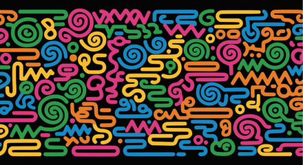 Vibrant abstract continuous line pattern with colorful geometric and organic doodle shapes like spirals, zigzags, and curves on a black background, fun energetic and seamless vector design.