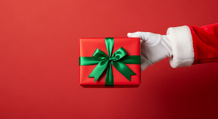 Santa claus hand in white glove holding a red gift box with green ribbon