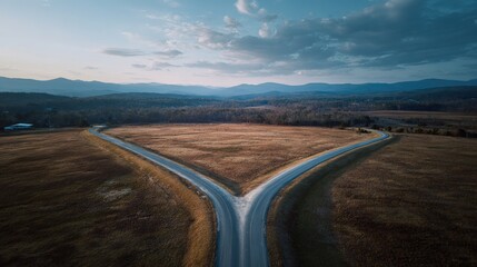 divergence. A symbolic fork in the road with two diverging paths under a dramatic sky, representing choices. wellbeing guides, coaching materials, designed for coaching and self-improvement content.