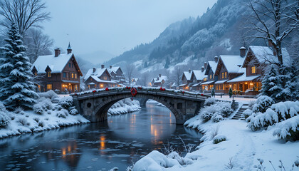 Snowy village scene with a stone bridge over a river during winter holiday season in a mountain valley