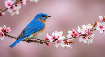 Eastern Bluebird Perched on Cherry Blossom Branch, Sitting, Sakura, Pink flowers