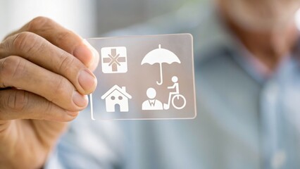 Tax Social Security Concept. Hand holding a clear card displaying icons related to tax, security, and data analysis.