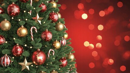 Festive Christmas tree adorned with ornaments and lights, warm bokeh background