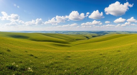 Obraz premium Vast Green Rolling Hills Under a Blue Sky with White Clouds, Landscape, Grass, Meadow