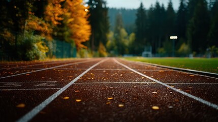 Empty athletics track in autumn forest setting with fallen leaves, evoking a sense of readiness and future competition