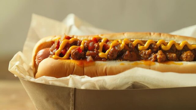 Hot dog topped with chili and mustard on paper wrapper