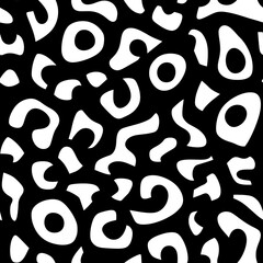 A black and white abstract pattern featuring various organic shapes and curves, creating a dynamic and visually engaging design.