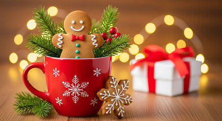 Festive gingerbread man and snowflake cookie in a red mug with christmas decorations and lights
