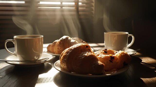 Close Up of Coffee and Fresh Baked Croissants in Cafe
