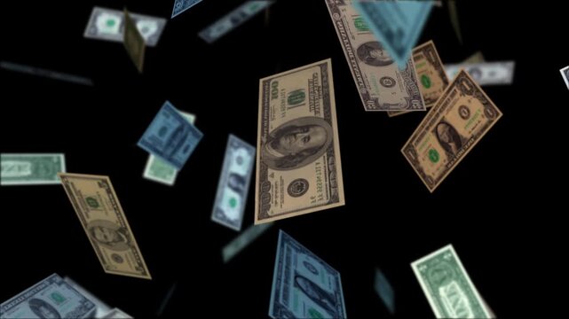 American dollar bills of various denominations fall through frame with depth of field. A seamless loop with alpha channel for finance and success concepts