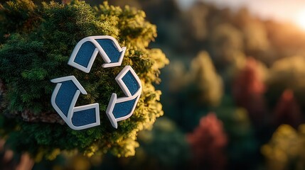 Stunning recycling symbol emerges from lush green foliage with warm sunset glow creating an inspiring vision of environmental stewardship