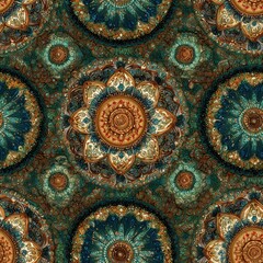 A vibrant, intricate mandala design featuring floral patterns in earthy tones, creating a harmonious and decorative visual aesthetic.