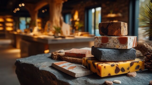 Stunningly curated selection of diverse stone and material samples artfully arranged for architectural design inspiration and modern interior concepts