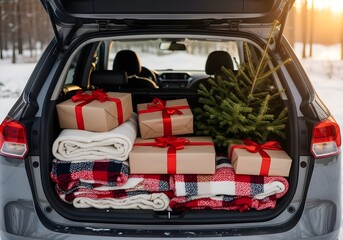 Car trunk filled with Christmas gifts, blankets, and a small Christmas tree.