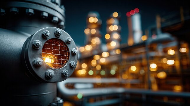 Intense industrial refinery at night with glowing lights and heavy machinery creating a powerful and dynamic atmosphere for energy sector visuals