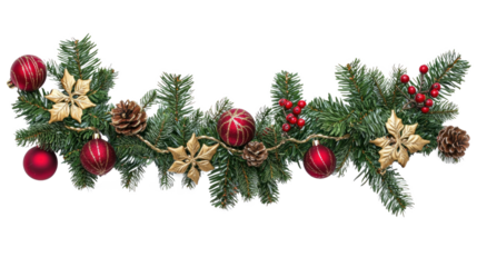 A festive Christmas garland with red and gold ornaments, pine cones, and berries on a green evergreen branch against a white background.