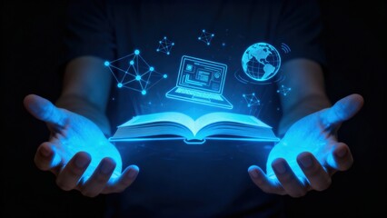 A person’s hands hold an open book with digital icons floating above it, symbolizing knowledge and technology.