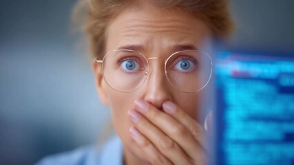 Astonishment in Digital World: A woman's eyes widen with shock as she processes information on the screen, capturing a moment of startled disbelief. - Powered by Adobe