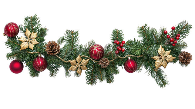 A festive Christmas garland with red and gold ornaments, pine cones, and berries on a green evergreen branch against a white background. - Powered by Adobe