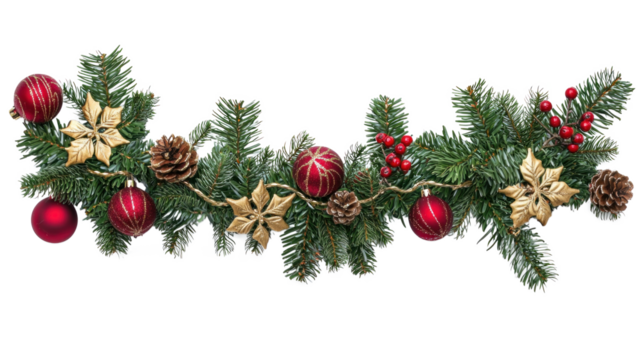 A festive Christmas garland with red and gold ornaments, pine cones, and berries on a green evergreen branch against a white background.