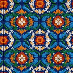 A vibrant, intricate tiled pattern featuring flowers and foliage in orange, blue, and green, showcasing artistic craftsmanship.