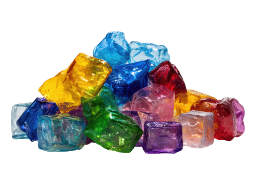 Pile of colorful, translucent artificial ice cubes