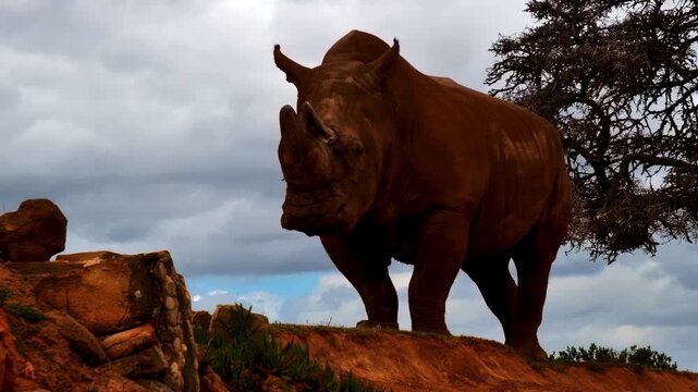 A powerful white rhino snorting under a stormy sky.