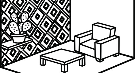 Modern minimalist interior design with cactus and geometric wallpaper