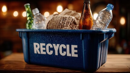 Nurture our planet by recycling waste, gathering bottles and paper in a blue bin with 'RECYCLE' visible.