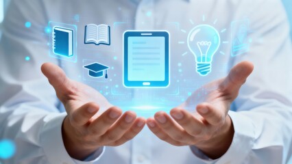 Digital learning concepts held in hands with icons like books, light bulbs, and graduation caps.