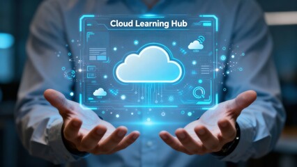 Digital concept of cloud technology in hands with futuristic interface elements.