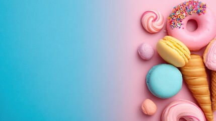 A colorful assortment of pastries and candies on a gradient background.