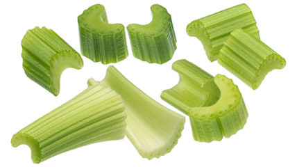 freshly cut raw celery stalks and chopped pieces, showcasing fibrous texture and bright green color isolated on transparent background.