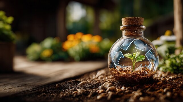 Nurturing a sustainable future, a tiny seedling thrives within a glass orb adorned with glowing recycling symbols amidst lush greenery.