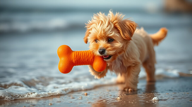 Cavachon fetching her orange bone shaped toy from the edge of the sea