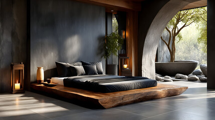 Experience tranquility in this stunning modern bedroom with natural light and organic design elements, perfect for zen living and peaceful retreats