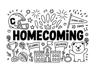 Vector a whimsical homecoming doodle featuring a football helmet, school, bear, and celebratory elements