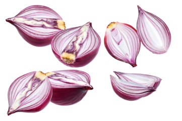 collection of several fresh red onion halves and separate wedges isolated on a pure transparent background, highlighting the vivid colors and internal texture.