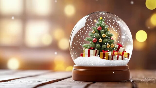 Snow globe Christmas tree gift ribbon bell ornament bauble snow sparkle festive holiday winter decoration on wood table with warm bokeh