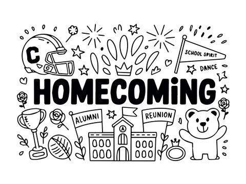 Vector a whimsical homecoming doodle featuring a football helmet, school, bear, and celebratory elements