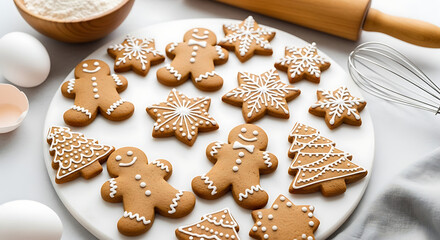 A festive assortment of freshly baked gingerbread cookies in various shapes, including gingerbread men, snowflakes, and christmas trees, arranged on a white platter
