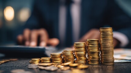 A businessman in a suit, calculating financial data on a calculator.