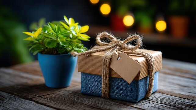 Thoughtful gift box adorned with twine and a blank tag sits beside a vibrant green potted plant on a rustic wooden surface, evoking warmth and anticipation.