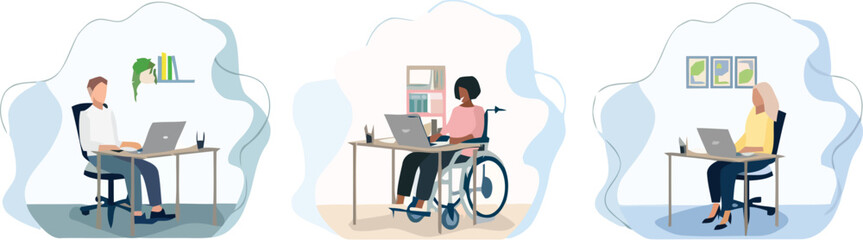 Diverse professionals collaborating remotely, each working diligently on laptops from comfortable, modern home office setups