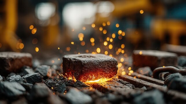 Intense glowing forge fire sparks fly from hot metal, showcasing raw power and industrial creation in a dynamic scene
