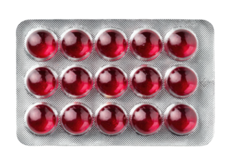 Foil pack of 15 round, shiny, red pills or capsules