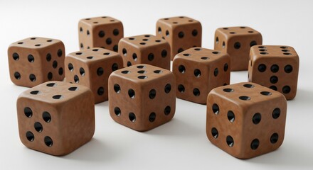 均一な光が当たる白い背景に茶色の木製サイコロが無造作に広がり落ち着いた雰囲気. AI Generated