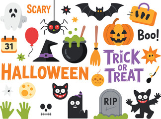 Colorful flat Halloween icons collection with pumpkins ghosts bats witch items trick or treat elements for festive spooky seasonal design artwork